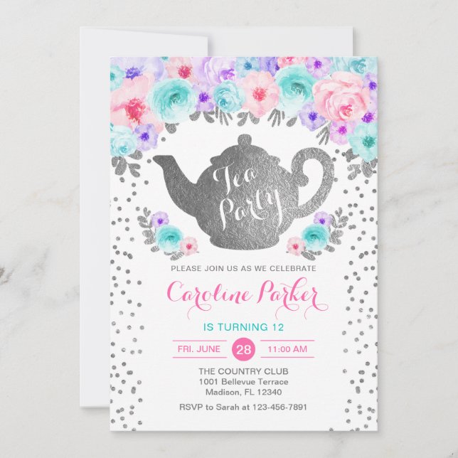 Tea Party Birthday - Silver Teal Pink Purple Invitation (Front)