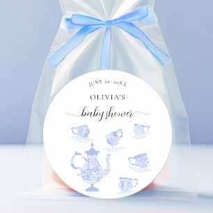 Tea Party Blue China Lace Cute Boy Baby Shower Classic Round Sticker