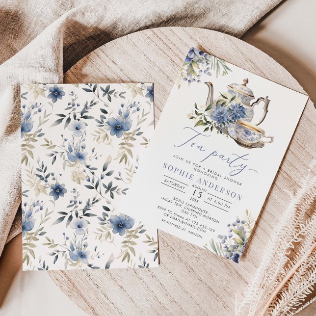 Tea Party Blue Floral Watercolor Bridal Shower Invitation (Creator Uploaded)