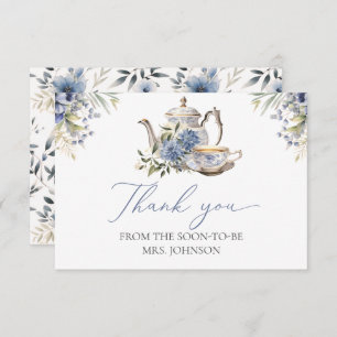 Tea Party Blue Floral Watercolor Bridal Shower Thank You Card