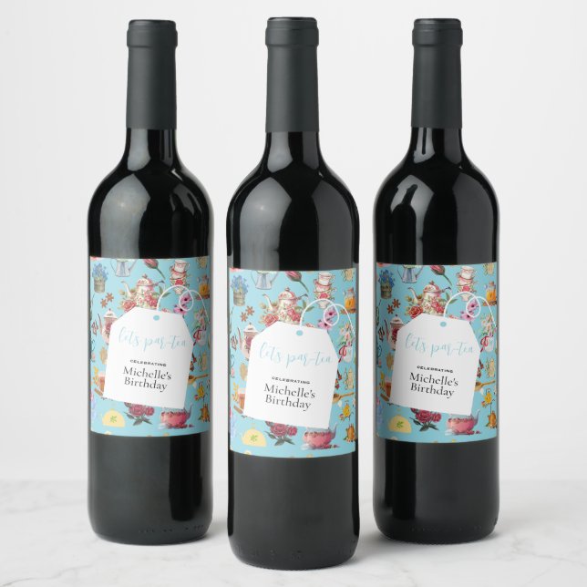 Tea Party Blue Garden Floral Pattern Birthday Wine Label (Bottles)