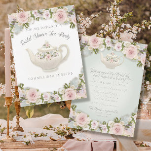 Tea Party Blush Rose Succulent Leaf Bridal Shower Invitation