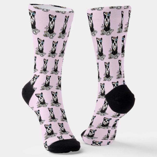 Tea Party Boston Terrier (black) Cute Dog Socks (Angled)