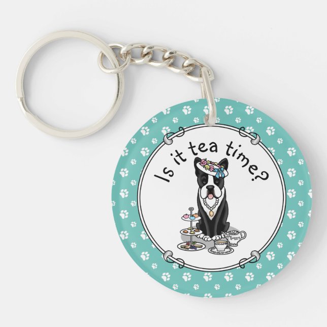 Tea Party Boston Terrier Dog (black) Cute Key Ring (Front)