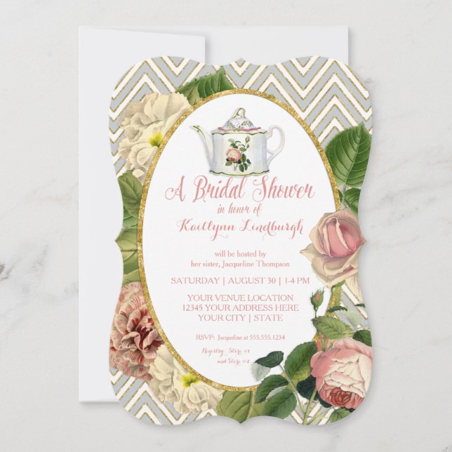Tea Party Bridal Shower Chevron Stripes Rose Invitation (Front)