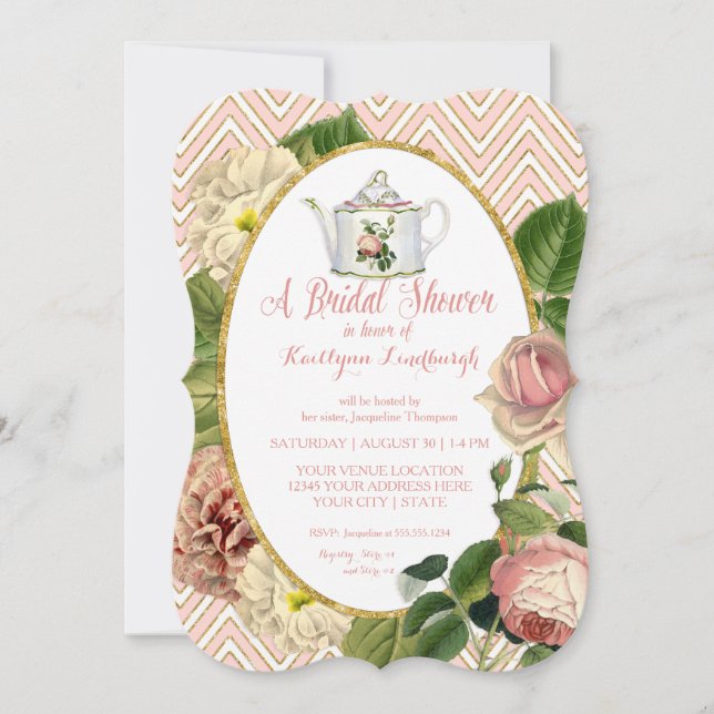 Tea Party Bridal Shower Chevron Stripes Rose Invitation (Front)