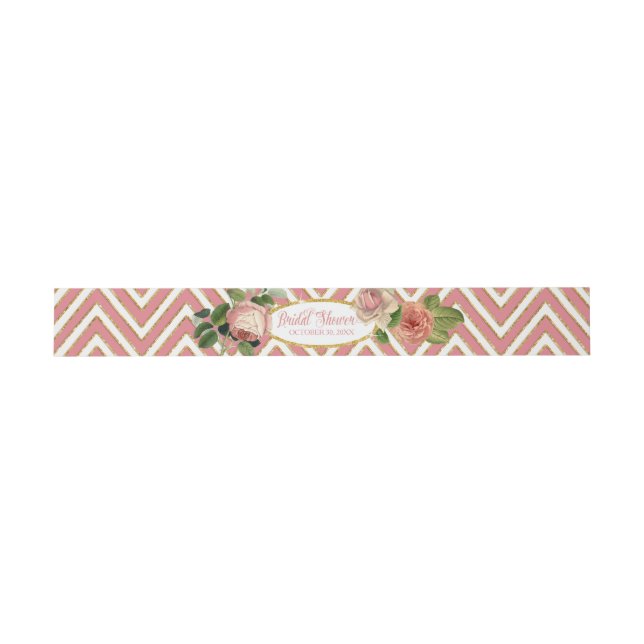 Tea Party Bridal Shower Chevron Stripes Rose Invitation Belly Band (Flat)
