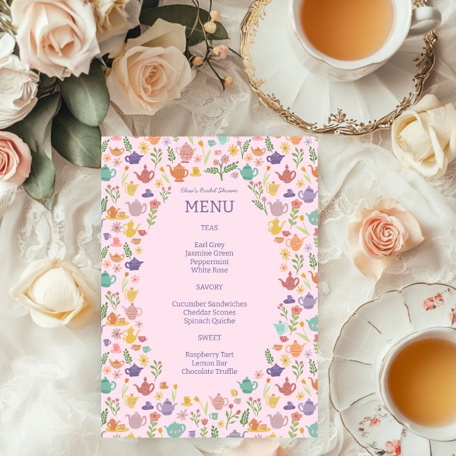 Tea Party Bridal Shower Cute Colourful CUSTOM Menu (Tea Party Bridal Shower Brunch Wedding Birthday Party Cute Colorful CUSTOM Menu
)