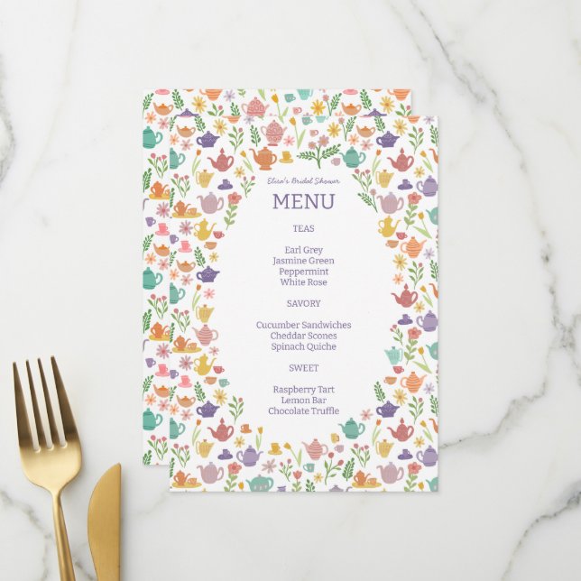 Tea Party Bridal Shower Cute Colourful CUSTOM Menu (Front/Back In Situ)