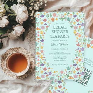 Tea Party Bridal Shower Cute CUSTOM QR Code Invitation