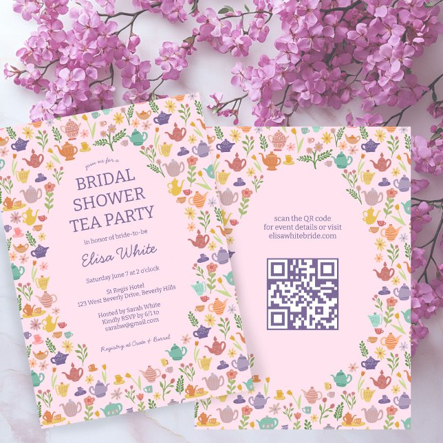 Tea Party Bridal Shower Cute CUSTOM QR Code Invitation (Tea Party Bridal Shower Cute CUSTOM QR Code Invitation
)