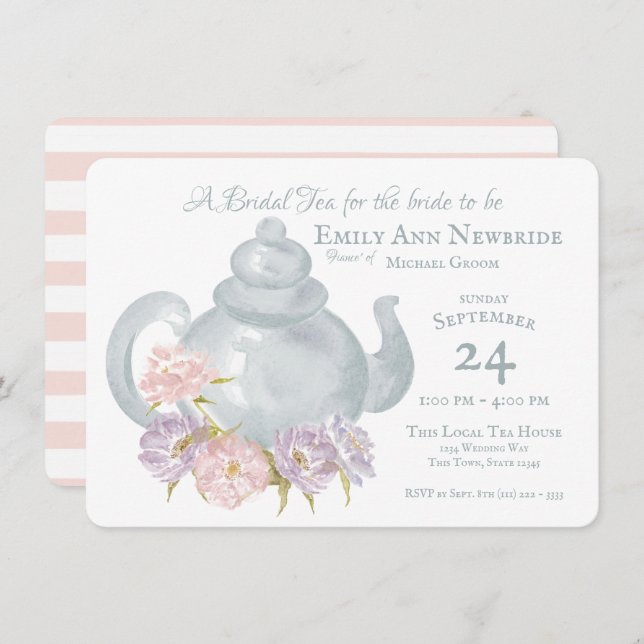 Tea Party Bridal Shower Floral Tea pot Invitation (Front/Back)