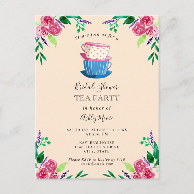 Tea Party Bridal Shower Flowers Cute Pretty floral Postcard (Front)