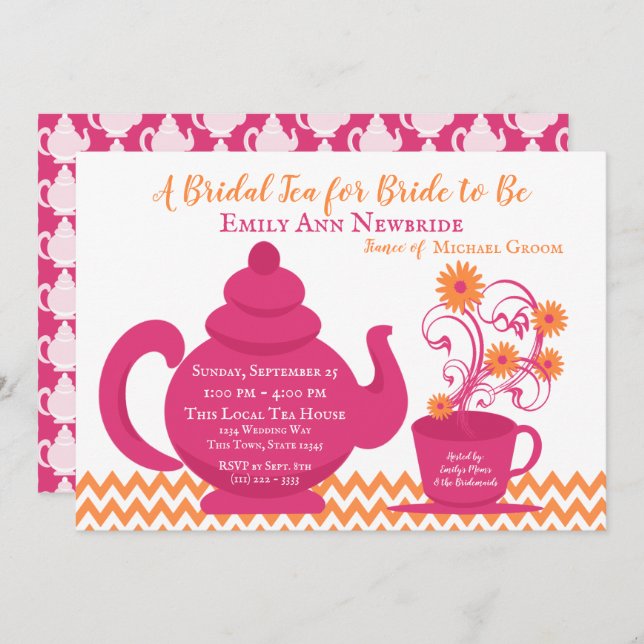 Tea Party Bridal Shower Pink and Orange Invitation (Front/Back)