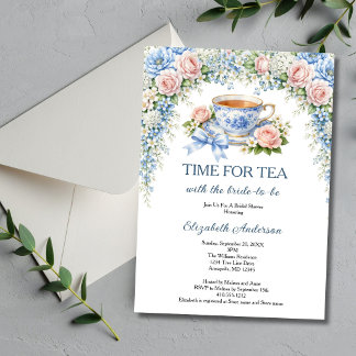 Tea Party Bridal Shower, Pink Blue Garden Florals Invitation
