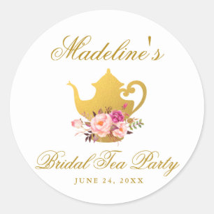 Tea Party Bridal Shower Pink Floral Small Classic Round Sticker