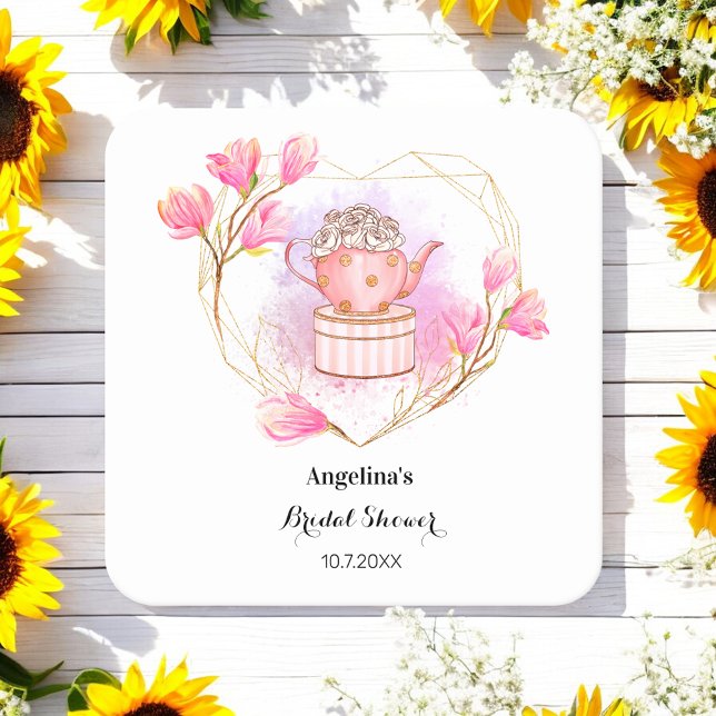 Tea Party Bridal Shower Pink White Floral Square Paper Coaster (Creator Uploaded)