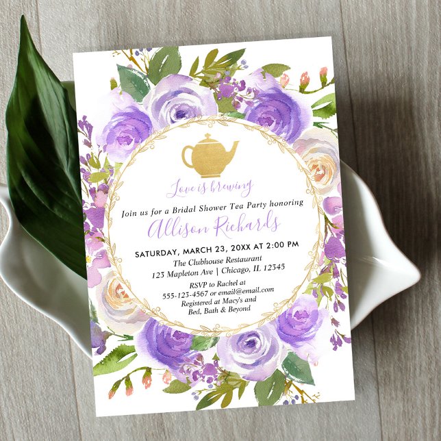 Tea party bridal shower purple lavender lilac invitation (Creator Uploaded)