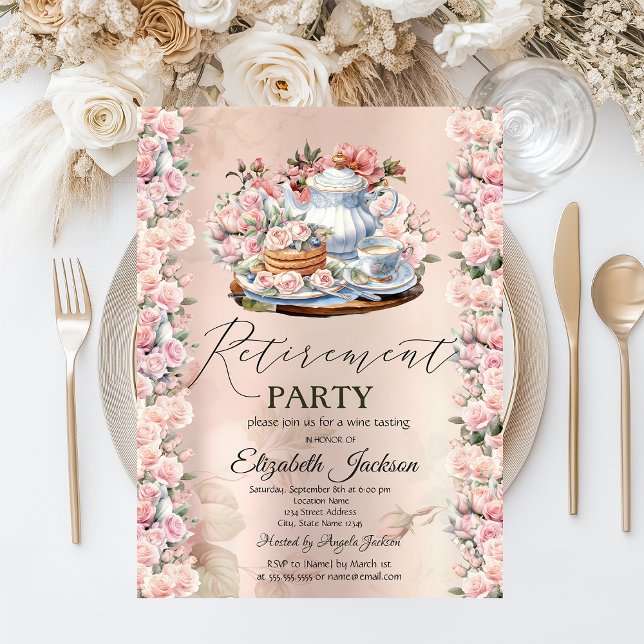 Tea Party Chic Roses Vintage Retirement Party Invitation (Creator Uploaded)