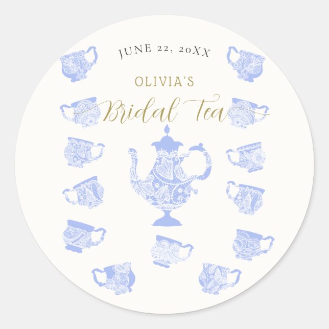 Tea Party Chinoiserie Blue Boho Lace Bridal Shower Classic Round Sticker (Front)