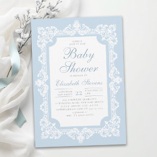 Tea Party Dusty Blue Elegant Lace Boy Baby Shower Invitation