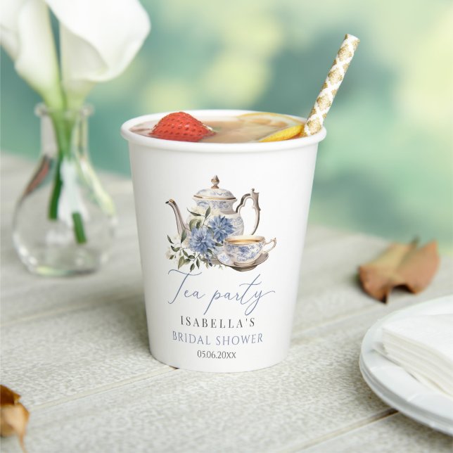 Tea Party Elegant Blue Floral Bridal Shower Paper Cups (Insitu)