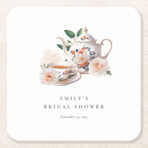 Tea Party Elegant Bridal Shower Square Paper Coaster