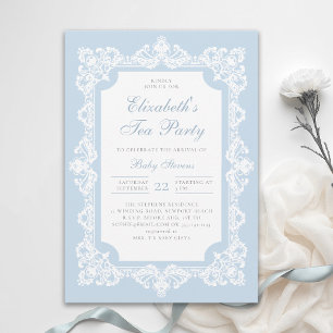 Tea Party Elegant Lace Dusty Blue Boy Baby Shower Invitation
