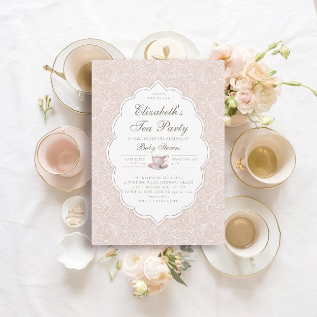 Tea Party Elegant Lace Peach Pink Girl Baby Shower Invitation (girl baby tea party shower invitation elegant frame modern classic lace peach pink white brewing)