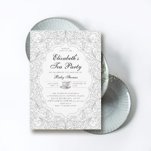 Tea Party Elegant Modern BW Lace Frame Baby Shower Invitation