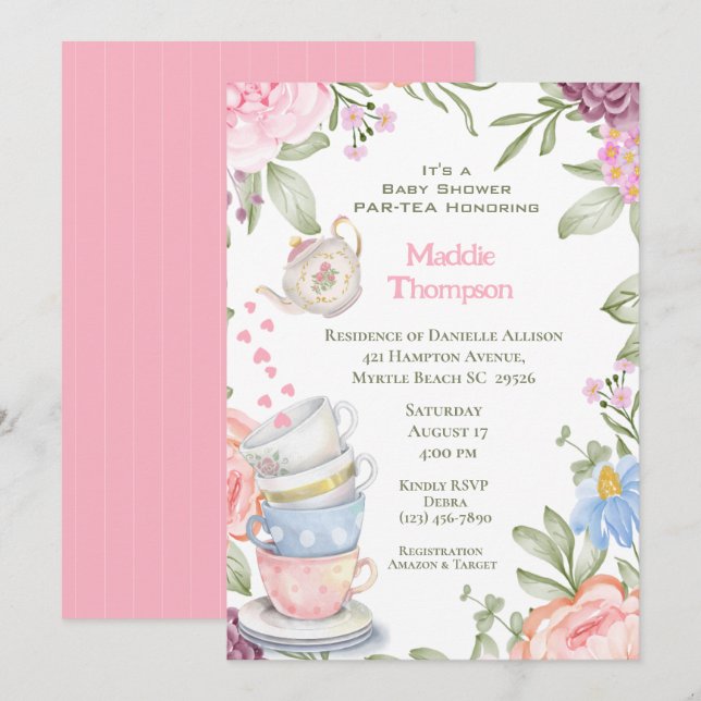 Tea Party Elegant Pink Green  Baby Shower     Invitation (Front/Back)