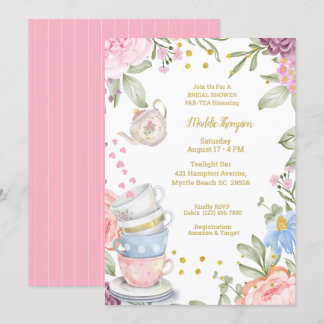 Tea Party Elegant Pink Green Bridal Shower Invitation