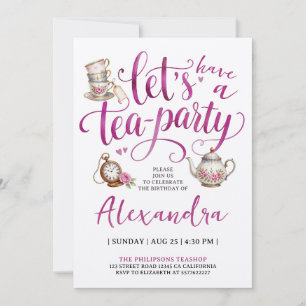 Tea Party Elegant Teacup Floral Pink Calligraphy Invitation
