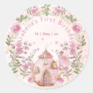 Tea Party Fairy Girl Blush Pink Flowers Birthday Classic Round Sticker