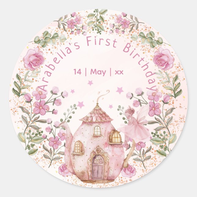 Tea Party Fairy Girl Blush Pink Flowers Birthday Classic Round Sticker (Front)