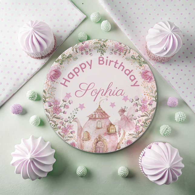 Tea Party Fairy Girl Blush Pink Flowers Birthday Paper Plate (Creator Uploaded)