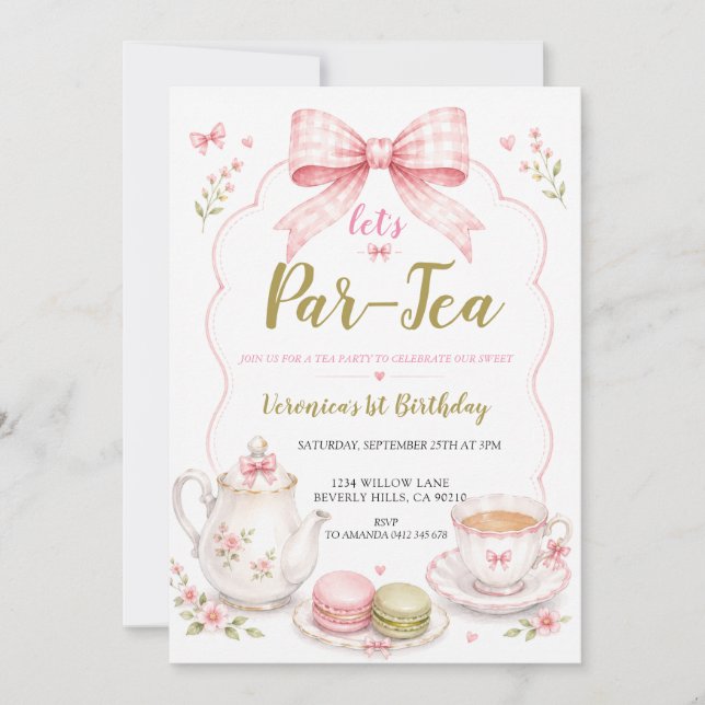 Tea Party First Birthday Girl Bow Invitation  (Front)