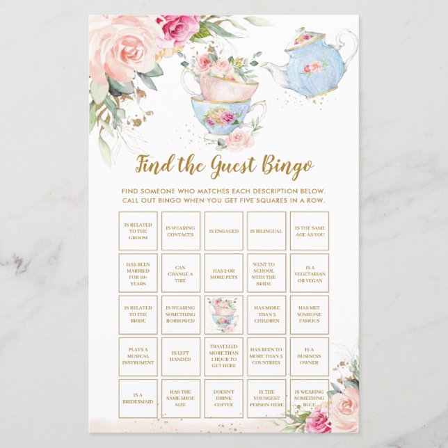 Tea Party Floral Shower Find the Guest Bingo Game (Front)