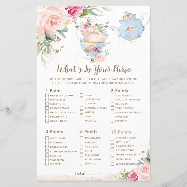 Tea Party Floral Shower What's In Your Purse Game (Front)