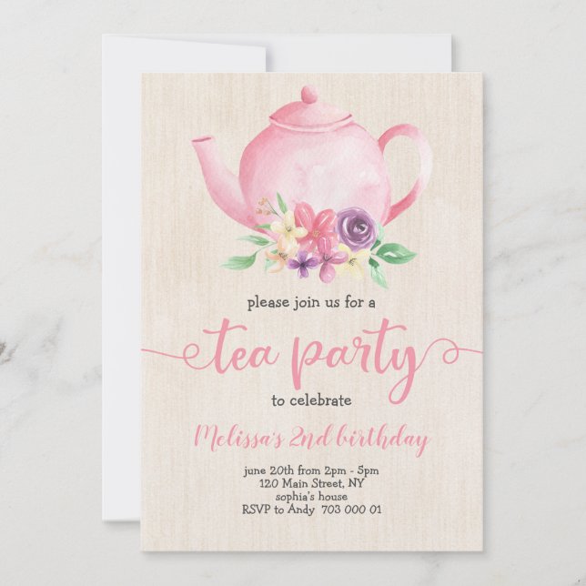Tea Party Girl Birthday Pink Watercolor Rustic Invitation (Front)