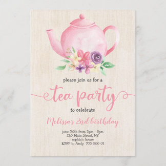 Tea Party Girl Birthday Pink Watercolor Rustic Invitation