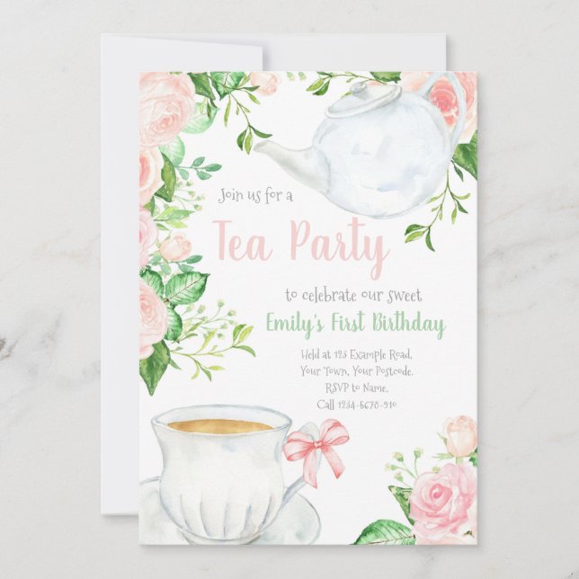 Tea Party Girls Birthday Invitation, Teapots Invitation (Front)
