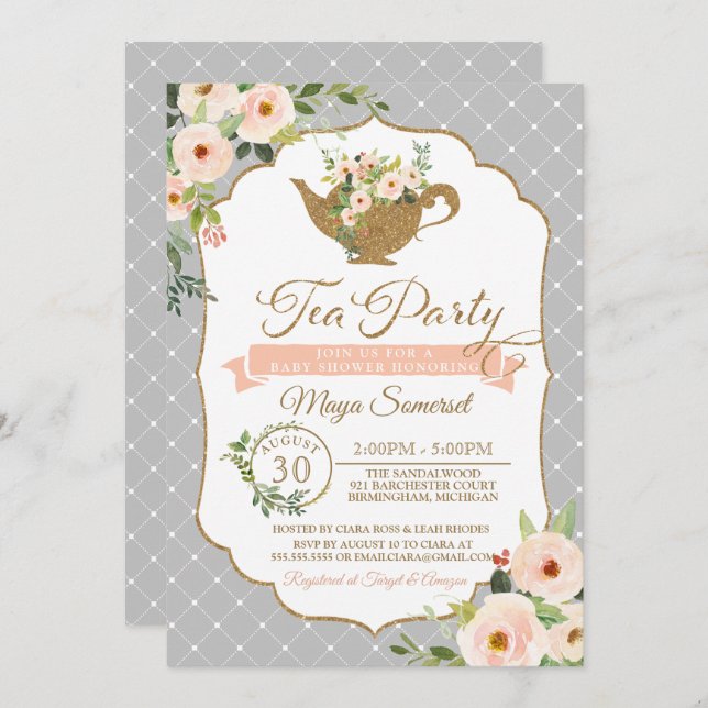 Tea Party Grey Pink & Blush Floral Baby Shower Invitation (Front/Back)