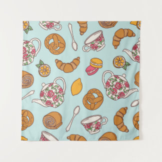 Tea party hand drawn seamless pattern. Colourful b Tapestry