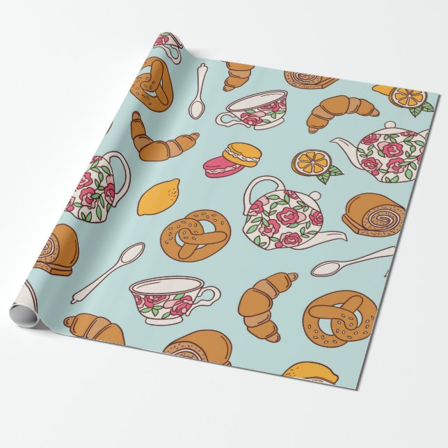 Tea party hand drawn seamless pattern. Colourful b Wrapping Paper (Unrolled)