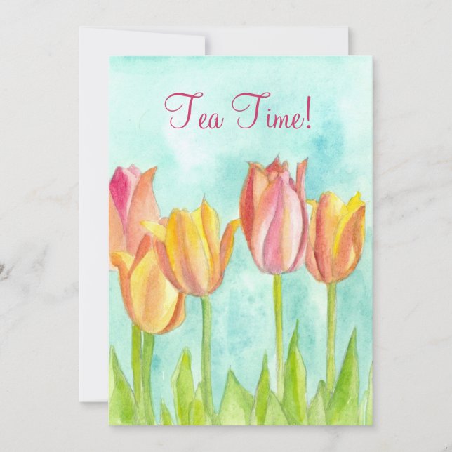 Tea Party Invitation Pink Tulip Watercolor Art (Front)