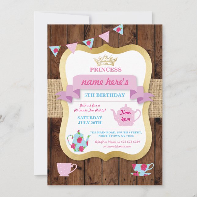 Tea Party Invite Princess Crown Pot Alice Birthday (Front)