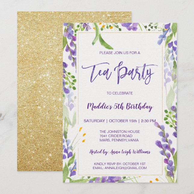 Tea Party Lavender Floral & Gold Birthday Girl Invitation (Front/Back)