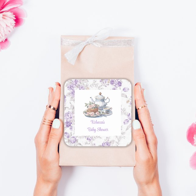 Tea Party Lavender Garden Floral Baby Shower  Square Sticker (Creator Uploaded)