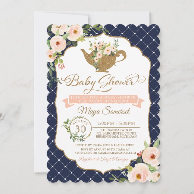 Tea Party Luxury Blush and Navy Floral Baby Shower Invitation (Front)